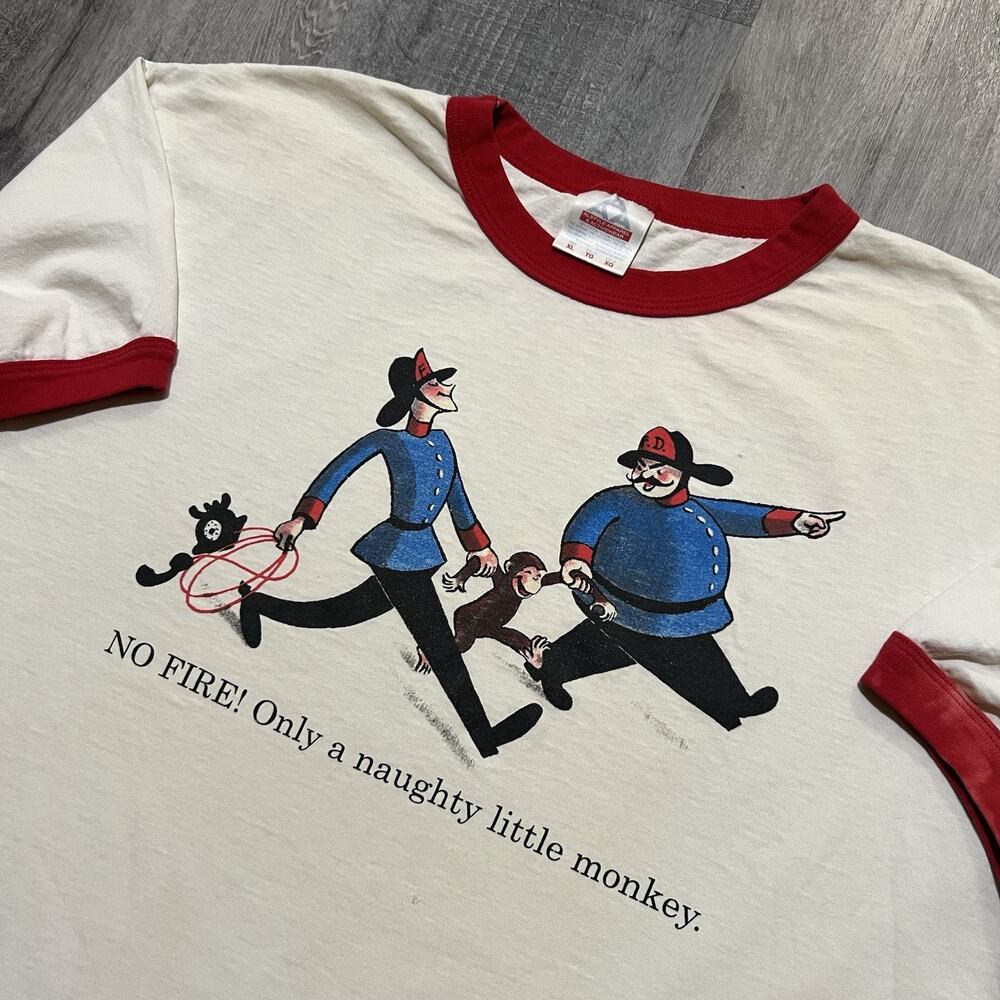VTG Curious George Ringer T Shirt "Naughty Little Monkey" 1990s Parody Comedy TV - Picture 3 of 6